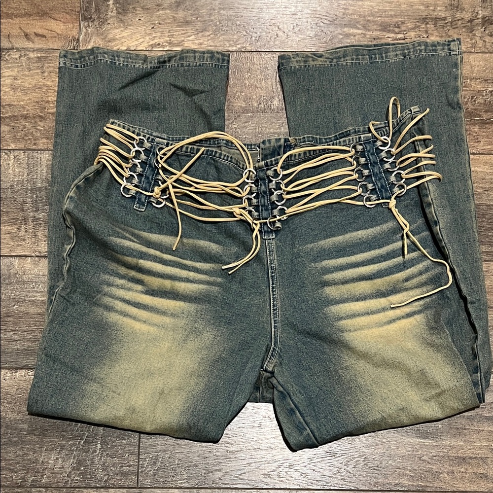 Revolt Jeans High Rise Lace-Up in Blue and Tan